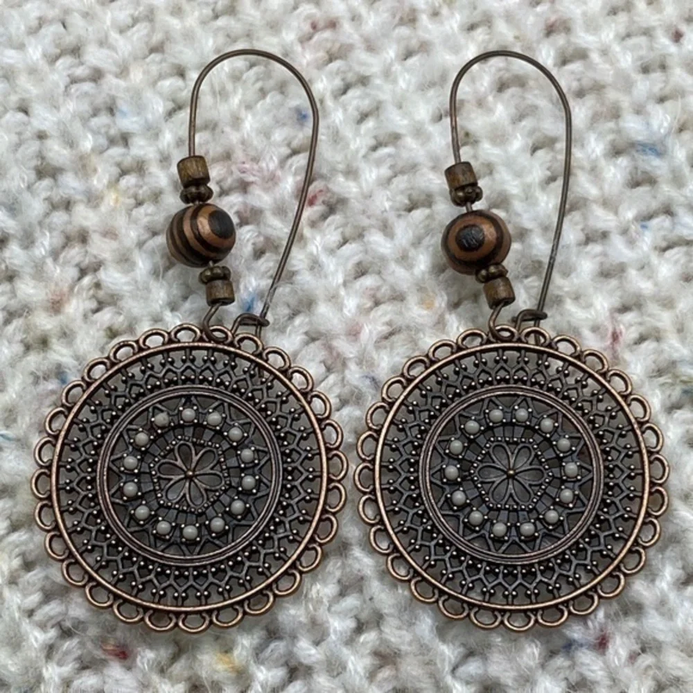 BohoDrop Earrings Round Ornate‎ Metal Wood Bead Hanging Earrings